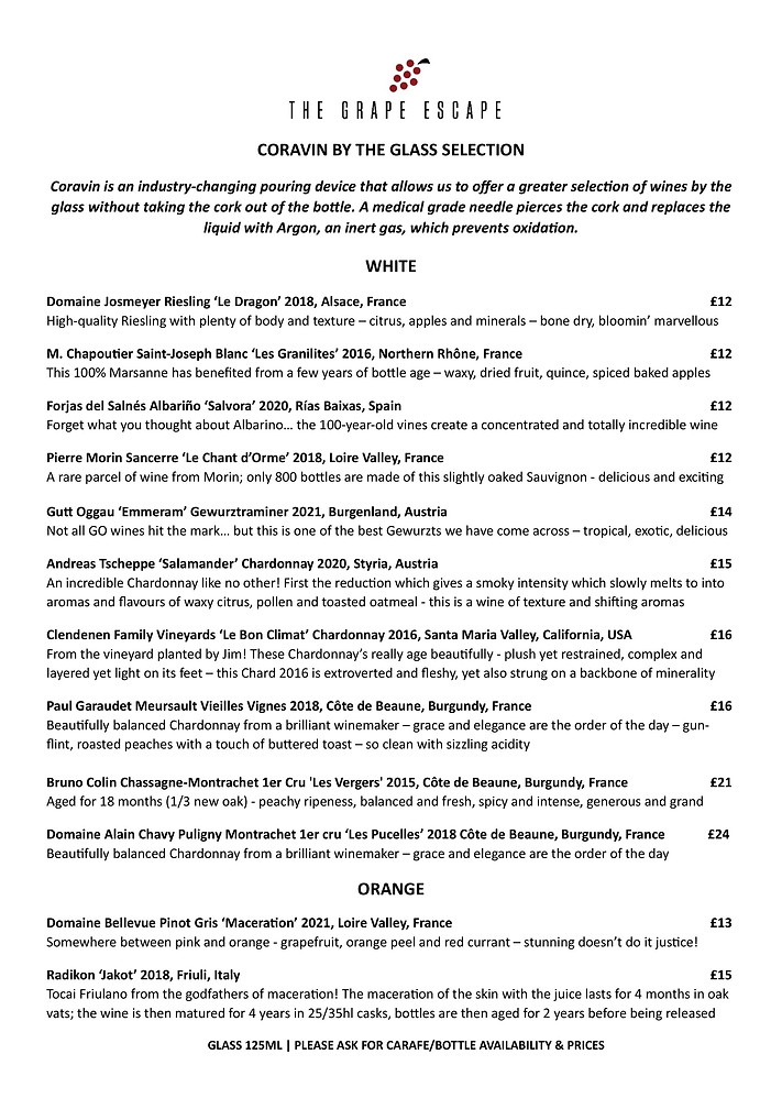 The Grape Escape Wine bar Cheltenham By the glass list